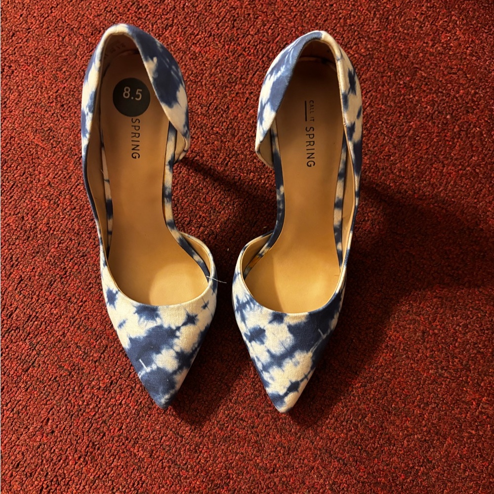 Call It Spring Blue and White Tie-Dye Pointed D'Orsay Heels